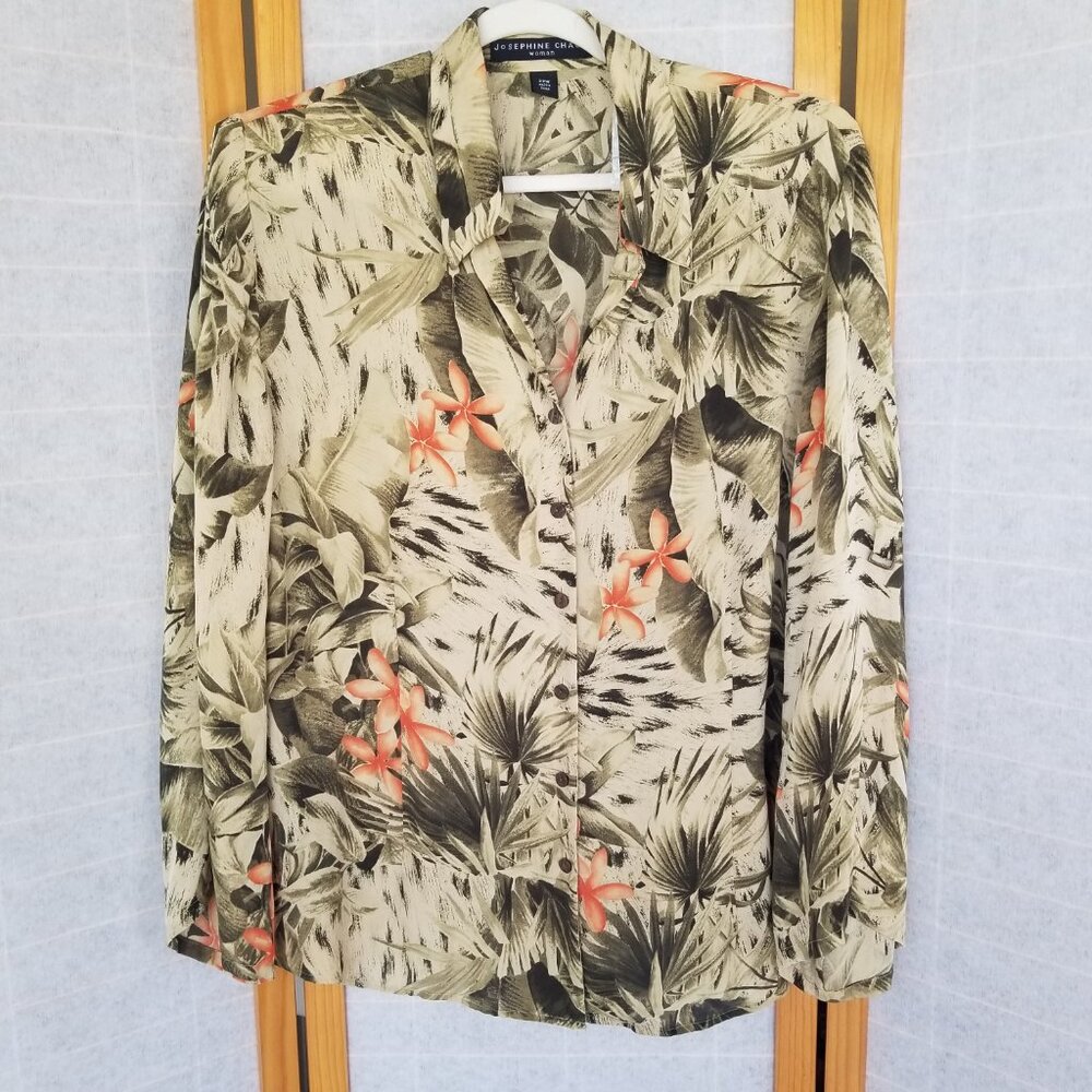 Josephine Chaus 100% Silk Blouse Long Sleeve Button-Down Tropical Print Sz 22W